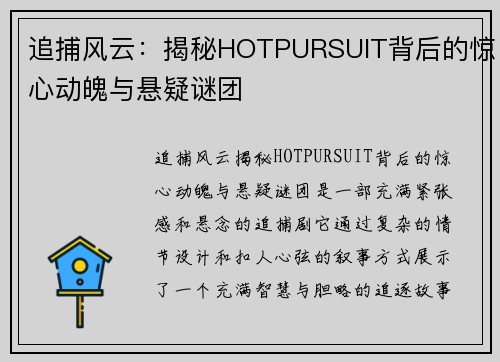 追捕风云：揭秘HOTPURSUIT背后的惊心动魄与悬疑谜团